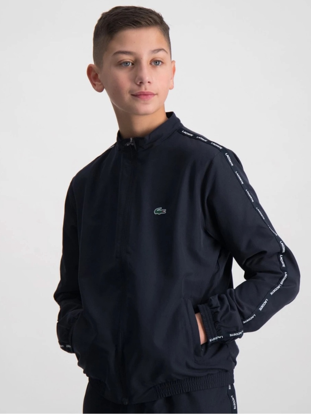 Lacoste Sport Boys Navy Track Athletic Rain Jacket with Logo Tape Sleeves